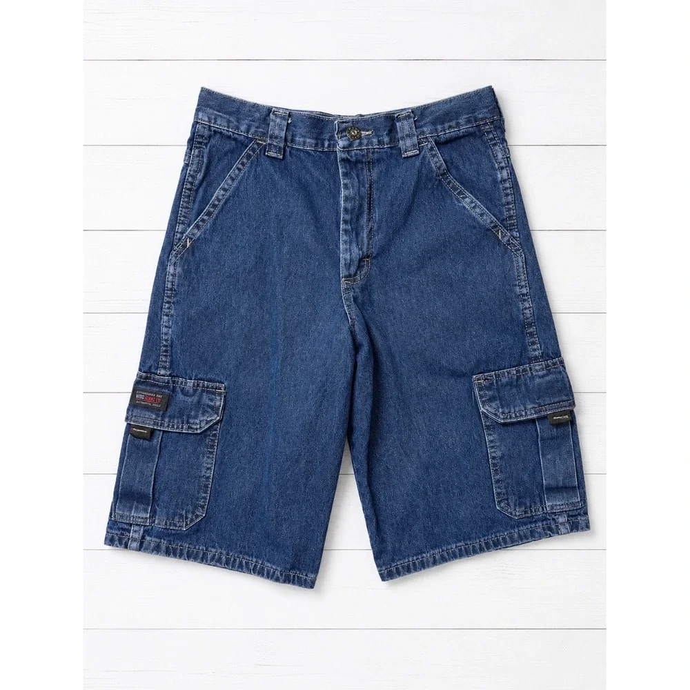 Wrangler Boys Dark Wash Denim Cargo Shorts Size 12 Regular Adjustable Waist
